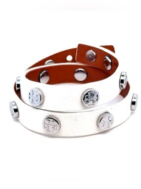 Tory Burch White Leather Double-Wrap Bracelet with Silver Logo Studs